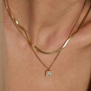 NEW 18K Gold Plated Flat Herringbone Double Layer Necklace